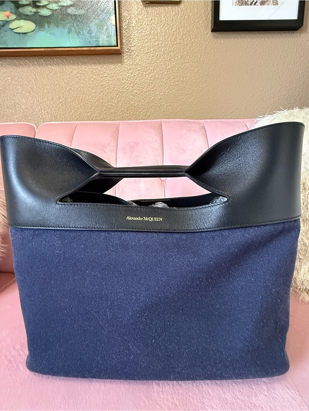 💯Auth! Alexander McQueen “The Bow Bag” Denim w Black Leather Trim & Interior.